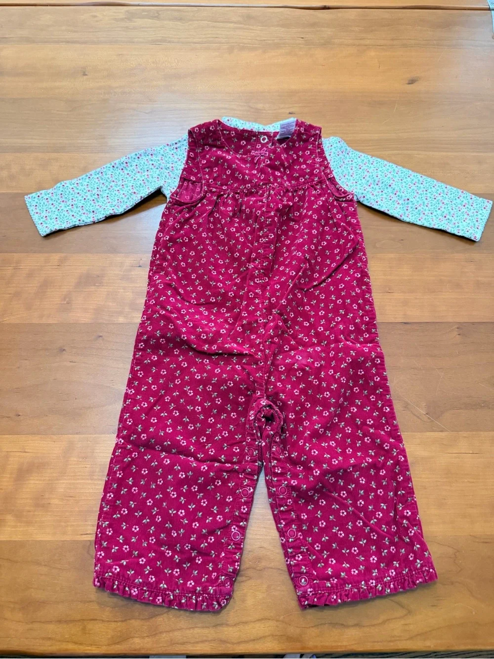 Gymboree Red Floral Corduroy Overalls with Matching Floral Bodysuit
